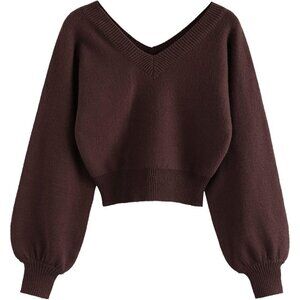 ZAFUL Women's Cropped Sweater deep Coffee V-Neck Long Sleeve Crop Sweater